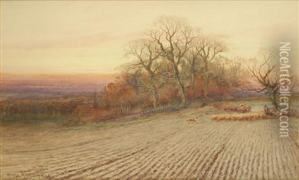 Pastures New, An Evening Scene In Early Autumn With Shepherd And Flock Oil Painting - Henry Stannard