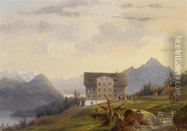Landscape In The Swiss Mountains. Oil Painting - Johann Jakob Ulrich