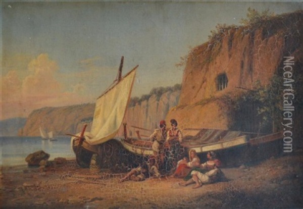 Famille De Pecheurs Napolitains Sur La Greve Oil Painting - Alphee De Regny