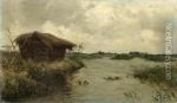 A Haystack Beside A River Oil Painting - Willem Roelofs