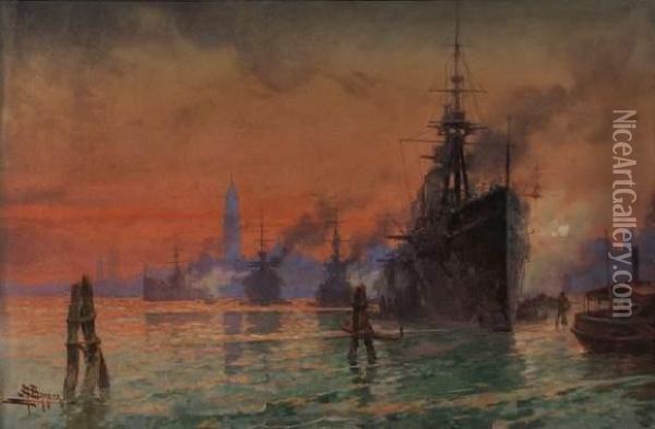 Navire De Guerre Dans Le Port De Venise Oil Painting - Antoine Barbier