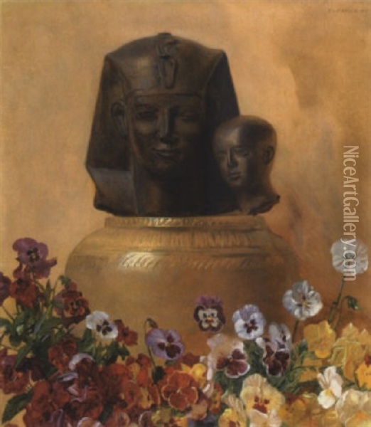 Stilleben Mit Stiefmutterchen Und Einem Agyptischen Kopf Oil Painting - Franz Von Matsch