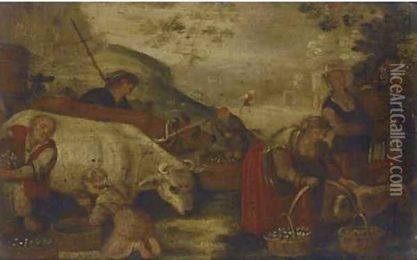 Figures milking a goat and tending to farm animals Oil Painting - Jacopo Bassano (Jacopo da Ponte)