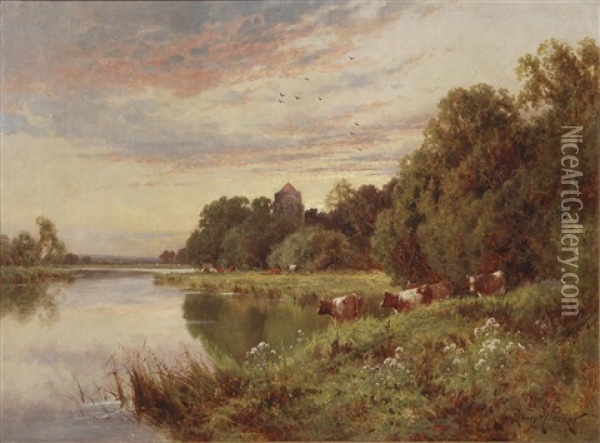 Cows Watering At Sunset Oil Painting - Henry H. Parker
