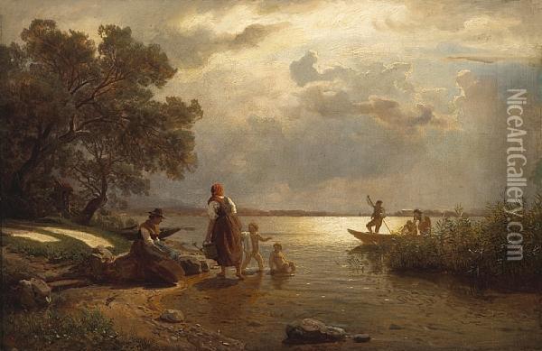 By The Lakeshore Oil Painting - Hans Fredrik Gude