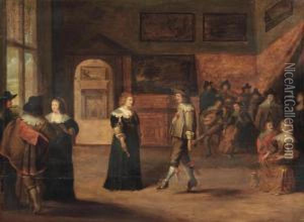 An Elegant Company Dancing And Making Music In An Interior Oil Painting - Christoffel Jacobsz van der Lamen