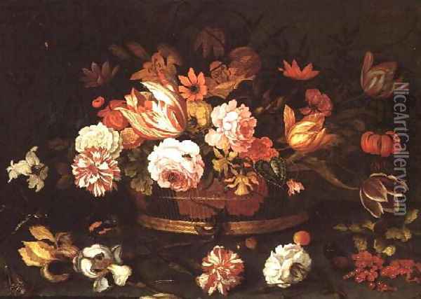 Roses, Tulips in a basket Oil Painting - Balthasar Van Der Ast