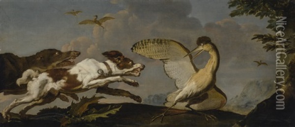 Two Hounds Chasing A Wounded Bittern Oil Painting - Abraham Danielsz Hondius