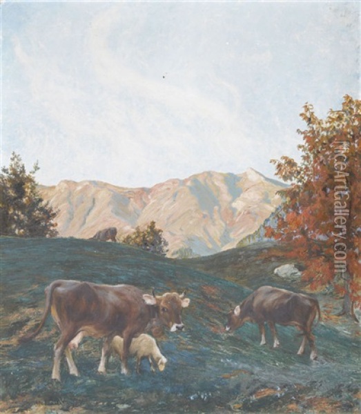 Weidende Herde Auf Der Alp Oil Painting - Hans Widmer