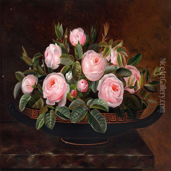 Pink Roses In A Greek Bowl On A Sill Oil Painting - Hansine Kern Eckersberg