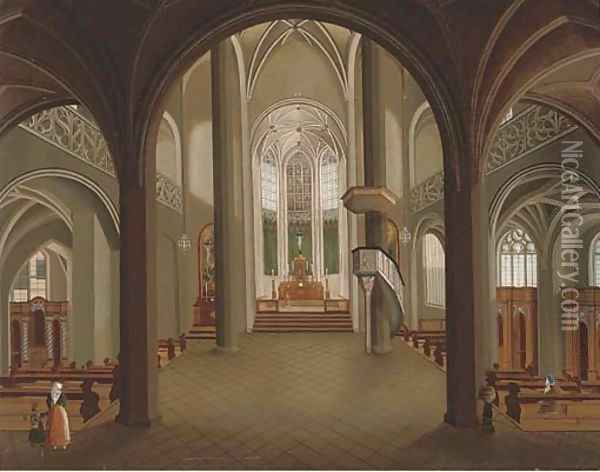 The interior of a Gothic church with figures by the pews Oil Painting - Christian Stocklin