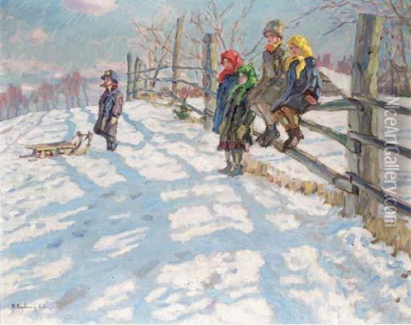 Children In A Winter Landscape Oil Painting - Nikolai Petrovich Bogdanov-Belsky