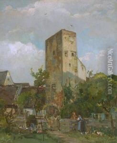 Plauderei An Der Stadtmauer. Oil Painting - Hermann Stockmann