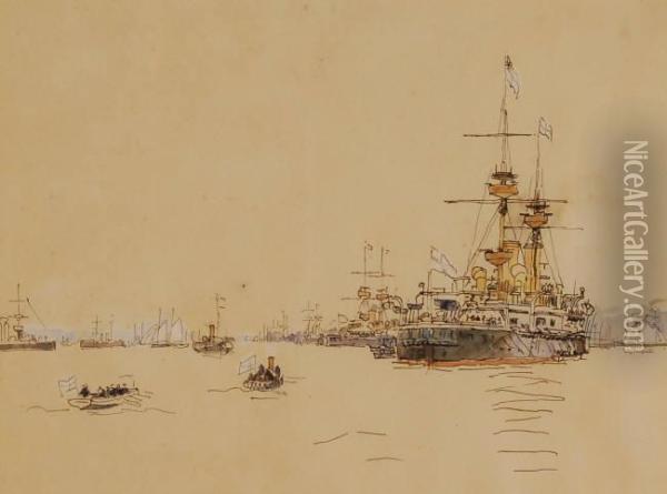 Naval Harbour Scene Oil Painting - William Th. Martin Hawksworth