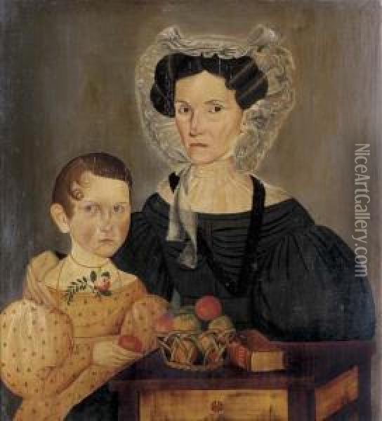 A Double Portrait Of Frances Almira Millener And Fanny Root Millener Oil Painting - Sheldon Peck