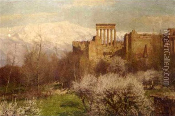 Roman Temple Ruins On A Hillside Oil Painting - Georg Macco