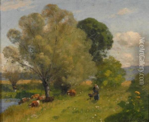 Woman And Child In Pastoral Landscape Oil Painting - Louis Alexandre Bouche