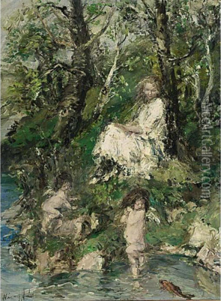 Little Children Playing At The Water Side Oil Painting - Aurel Naray