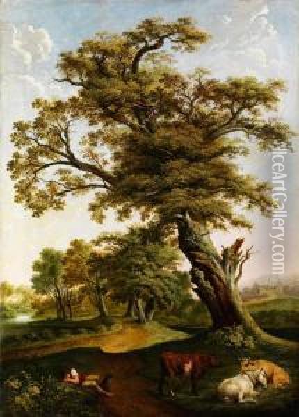 Grosser Eichenbaum Vor Einem Eichenwaldchen Im Hintergrund Mit Schlafendem Hirten Und Rastenden Rindern Oil Painting - Hendrik Voogd