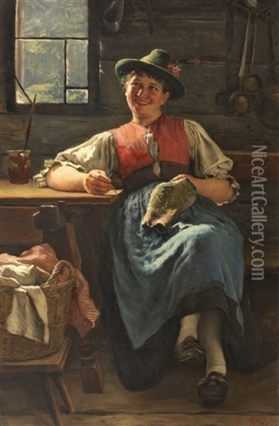 Bauernstube Mit Junger Frau Beim Nahen Oil Painting - Emil Rau