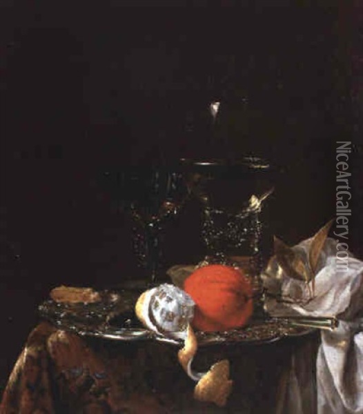 A Roemer, Wine Glass And Orange On A Silver Plate With Lemon On A Table Oil Painting - Willem Kalf