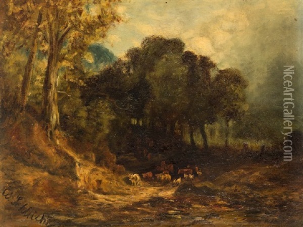 Cattle In The Forest Oil Painting - Eduard Schleich the Elder