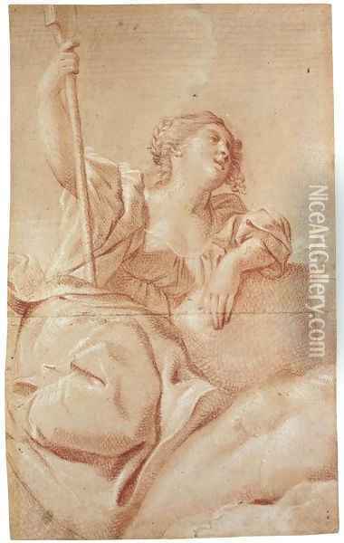 Fortune holding a rudder, seated on a cloud and looking to the right Oil Painting - Roman School
