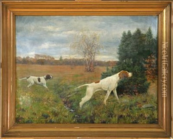 Two Pointers In An Autumn Landscape Oil Painting - Adolf Heinrich Claus Hansen