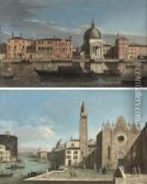 The Grand Canal, Venice, Looking
 West Towards San Simeone Piccolo And; The Grand Canal, Venice, Looking 
East With The Scuola Della Carita Oil Painting - Apollonio Domenichini