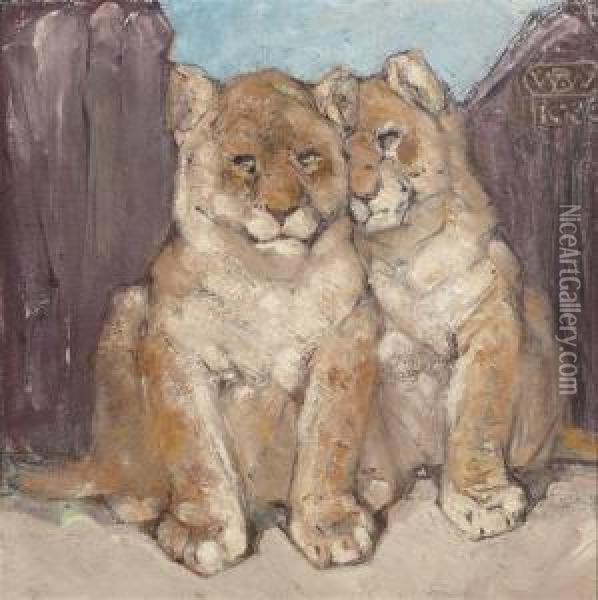 Two Lion Cubs Oil Painting - Bernard Willem Wierink