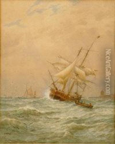 Seascape With Twin Masted Ship Oil Painting - George Stanfield Walters