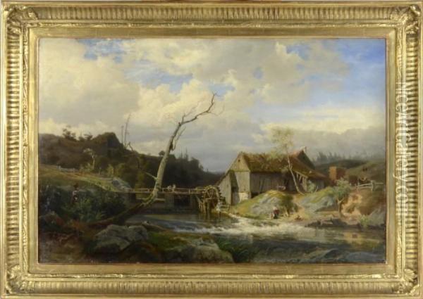 Landskap Med Vattenkvarn, Tvatterskor Och Metande Barn Oil Painting - Gustaf Rydberg