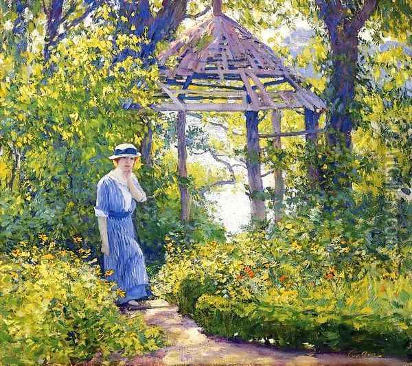 Girl in a Wickford Garden New England Oil Painting - Guy Rose