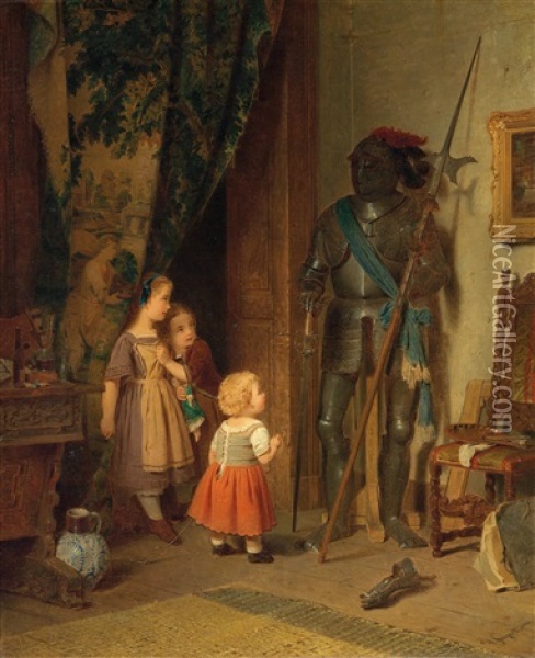 Children In The Studio. Three Little Girls Staring At A Suit Of Black Armour Oil Painting - August Friedrich Siegert