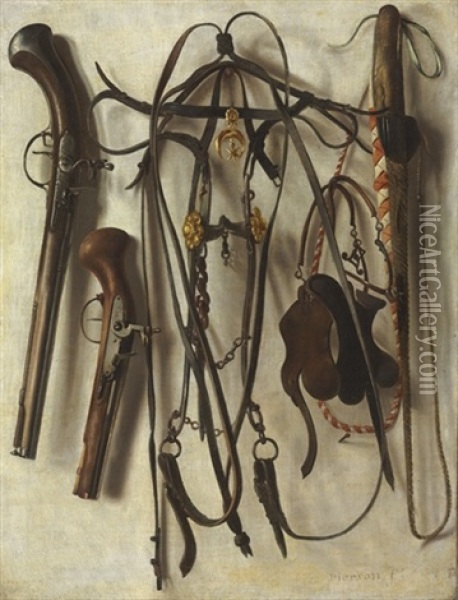 A Trompe L'oeil Of Hunting Equipment, Including A Bridle, Pistols, Whip, And Spurs, Hanging On A Wall Oil Painting - Christoffel Pierson