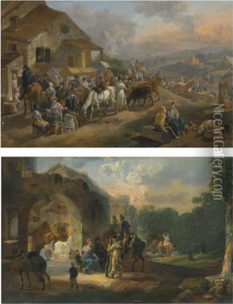 A Fair In A Village; And Soldiers Halting At A Farm Oil Painting - Jean Louis (Marnette) De Marne