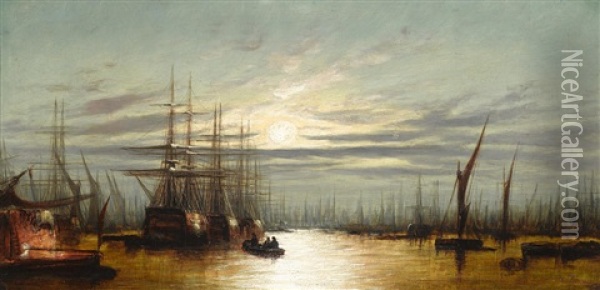 Daybreak On The River Thames; And Nightfall On The River Thames, A Pair Oil Painting - Francis Moltino