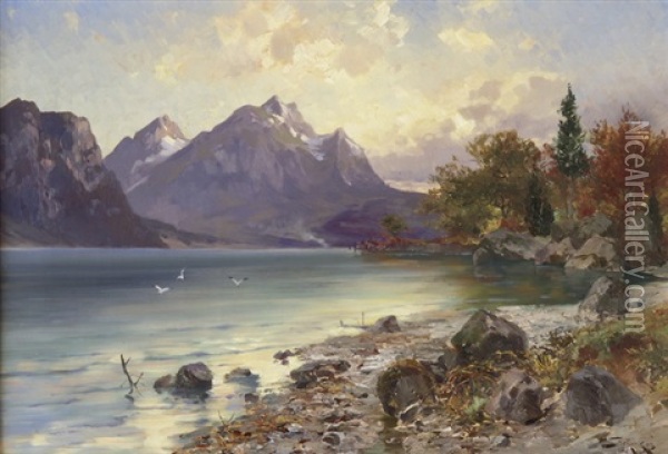 Bergsee Oil Painting - Jacques Matthias Schenker