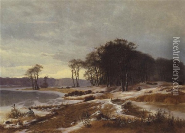 Vinterlandskab Med Udsigt Til Tilfrosne Soer Oil Painting - Frederik Niels Martin Rohde