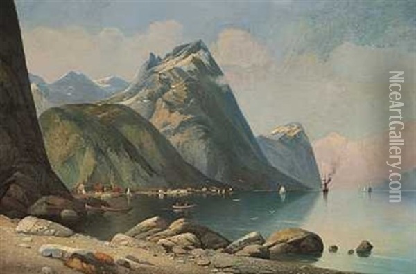 Sejlskibe Og Smabade I En Fjord Oil Painting - Siegfried Hass