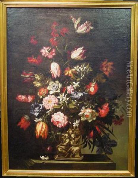 Floral Still Life With Tulips, 
Carnations, Daffodils, Peonies Andother Flowers In A Figural Vase Oil Painting - Mario Nuzzi Mario Dei Fiori