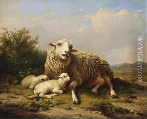 A Sheep And Two Lambs Resting In A Summer Landscape Oil Painting - Eugene Joseph Verboeckhoven