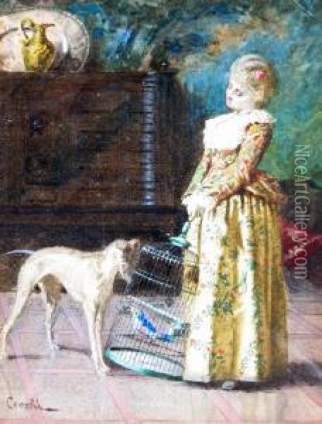 Woman Withbirdcage And Greyhound In An Interior Oil Painting - Adriano Cecchi