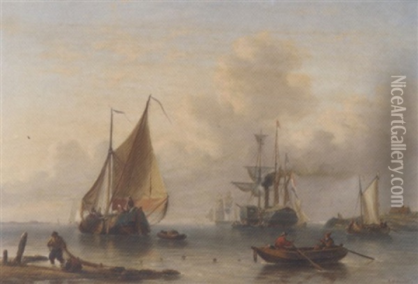 A Calm, A Busy Day Near A Coast Oil Painting - George Willem Opdenhoff