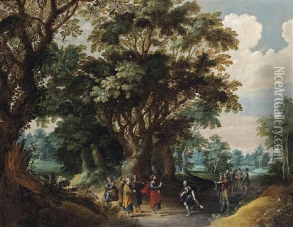 A Forest Landscape With Christ And The Centurion Oil Painting - Gerard de la Vallee