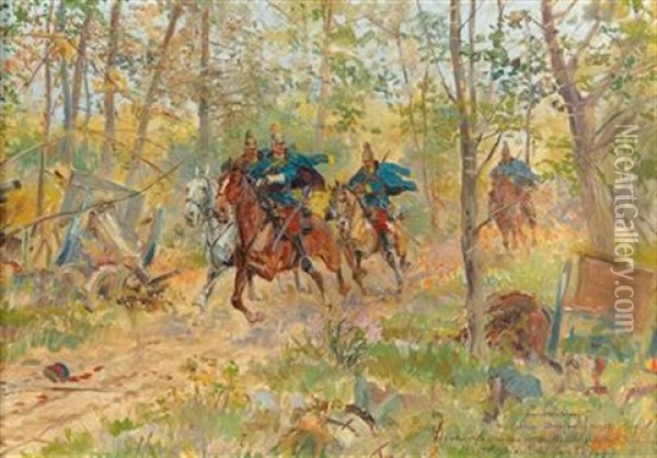 Lichtenstein Dragoons On Patrol Near Dunajov  (the First Battle Of Lemberg) Oil Painting - Leonard Winterowski