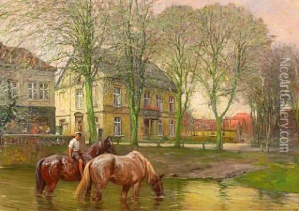 Horse Trough In Altmunster Oil Painting - Fritz Grotemeyer