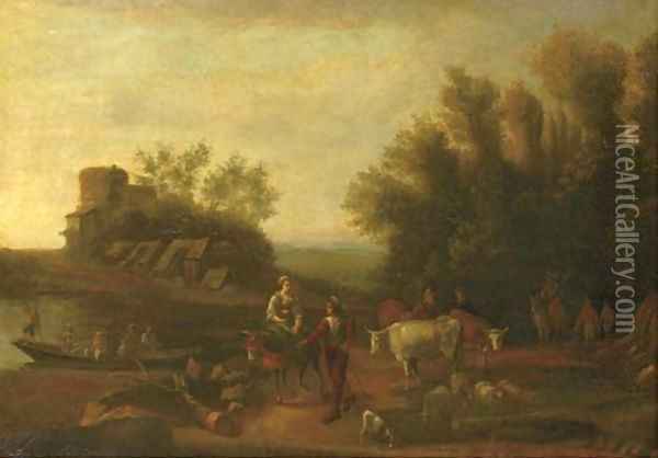 An Italianate landscape with travellers and their flocks on a path Oil Painting - Nicolaes Berchem