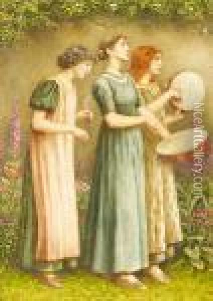 Three Women In A Garden Making Music Oil Painting - Kate Greenaway