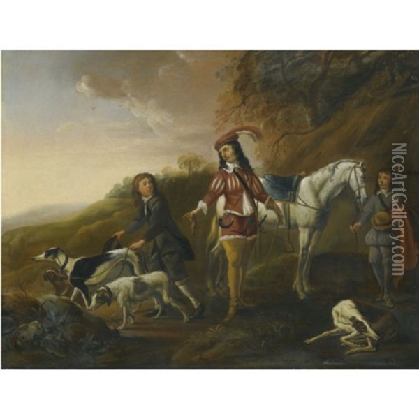 A Gentleman Resting During The Hunt, His Two Page Boys In Attendance Oil Painting - Francois Verwilt